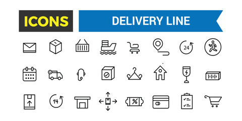 Delivery Line Icons Set, Shipping Icon Collection, Set Of Shipping Related Vector Line Icons, Contains Such Icons As Courier, Package Protection, Return And More, Vector Illustration