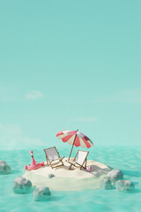 Summer tropical island with beach chairs, umbrellas and sun accessories in ocean. Summer travel concept. 3d render - 800269990