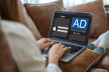 Human use laptop with web advertising analysis, ad, online content, freelance, sale, promote,...