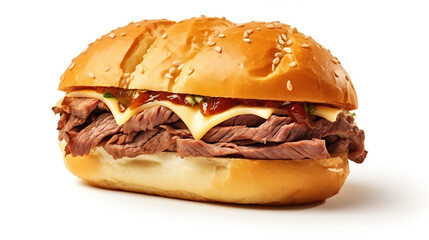 Isolated sandwich of roast beef and cheese bun on a white background