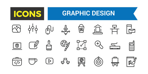 Set Of Thin Line Icons Of Graphic Design, Icons In A Modern Style Flat, Creative Process, Graphic Design, Creative Package, Stationary, Software, Vector Illustration