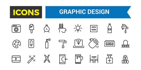 Set Of Thin Line Icons Of Graphic Design, Icons In A Modern Style Flat, Creative Process, Graphic Design, Creative Package, Stationary, Software, Vector Illustration
