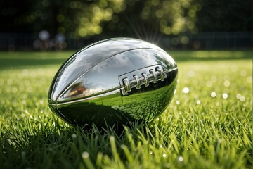 Naklejka premium Ein American football aus Silber auf dem Rasen