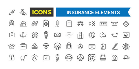 Insurance Elements Thin Line Web Icon Set, Outline Icons Collection, Icon collection. Editable vector illustration.