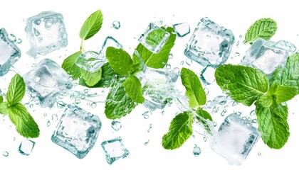 Mint leaves and ice cubes white background