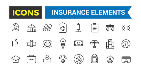 Insurance Elements Thin Line Web Icon Set, Outline Icons Collection, Icon collection. Editable vector illustration.