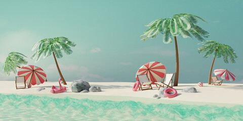Summer tropical beach with beach chairs, umbrellas and rubber flamingo. Summer travel concept. 3d render - 800270325