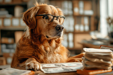 A Golden Retriever donning eyeglasses sits with stacks of bills, exuding a sense of financial prosperity and intelligence