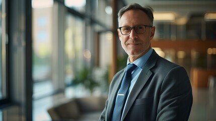 Fototapeta premium A male executive with powerful and commanding, president of a technology company. authoritative presence within the sleek and modern corporate environment, leadership and influence. generative AI