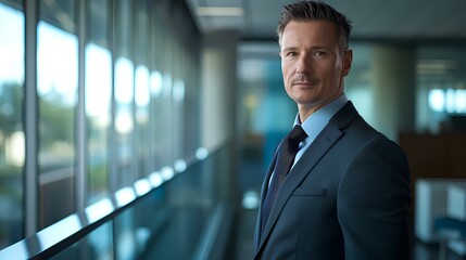 Fototapeta premium A male executive with powerful and commanding, president of a technology company. authoritative presence within the sleek and modern corporate environment, leadership and influence. generative AI