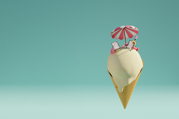 Summer tropical beach on ice cream. Beach chairs, umbrellas and rubber flamingo on sand. Summer travel and food concept. 3d render - 800270381