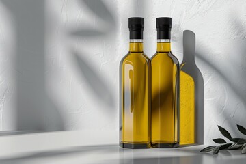 Mock up of two bottles with blank labels containing olive sunflower and sesame oil