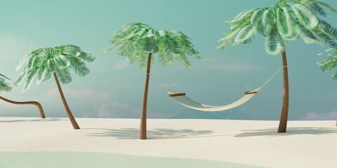 Summer tropical beach with coconut palms and hammock on sand. Summer travel concept. 3d render