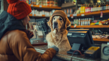 A Golden Retriever is humorously portrayed as a cashier at a store, suggesting trustworthiness and service