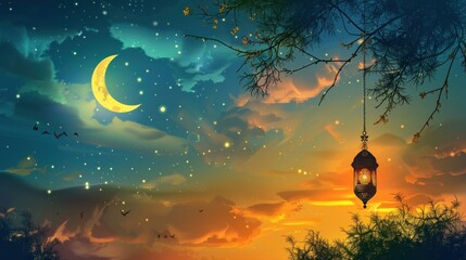 banner ramadan with a crescent moon and lantern Ai generated