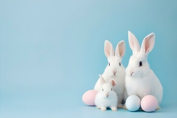 Obraz premium Easter bunny family with pastel eggs against a blue backdrop. Concept Easter Bunny Photoshoot, Pastel Eggs Decoration, Blue Backdrop, Family Portraits, Spring Celebration