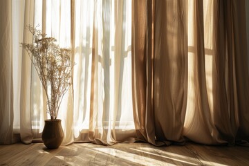 Morning light illuminates soft brown curtains in interior decoration