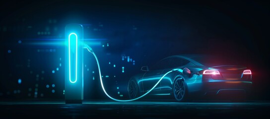 Electric car charging with glowing electric vehicle charger on dark background
