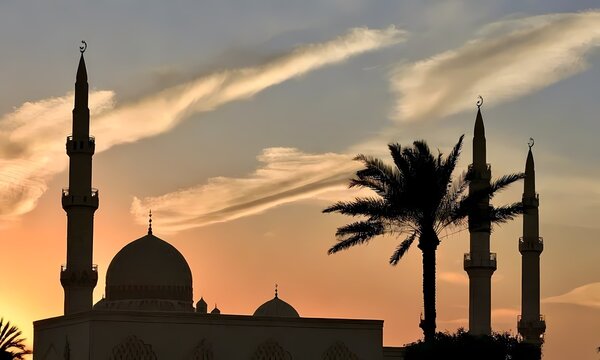 Silhouette of a mosque with a nice sunset view in the background 