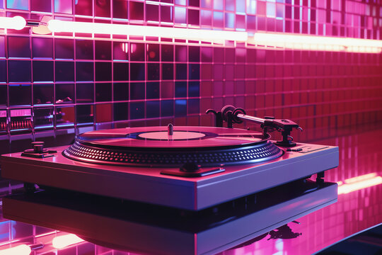 Old fashioned turntable with record. Vintage turntable, vinyl record player in neon lights. Reflecting light in a nightclub.