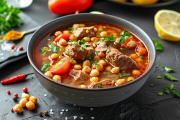Moroccan soup with meat chickpeas lentils tomato lemon and spices in a gray bowl with Arabic pattern background