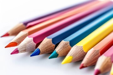 Multiple colored pencils on white