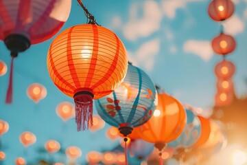 Obraz premium Colorful festival paper lanterns illuminate sky in celebration of traditions with technology. Concept Festival Celebrations, Traditional Customs, Paper Lanterns, Technology Integration