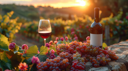 Golden Hour in Catalan Vineyards: Wine Bottle, Glasses, and Grapes at Sunset
