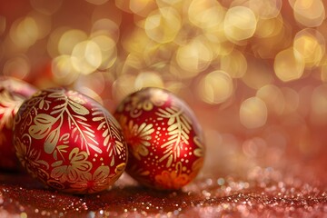 Red Easter eggs with gold floral ornaments on glittery background for holiday. Concept Easter Decorations, Red Eggs, Gold Floral Ornaments, Glittery Background, Holiday Ambiance