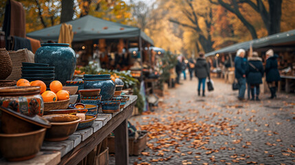 A vibrant outdoor market scene with pottery and fruits set against a backdrop of autumn leaves