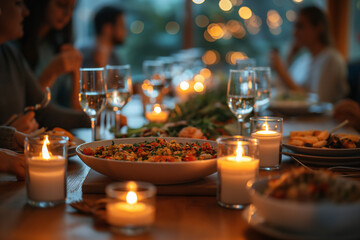 A warm, intimate dinner setting with friends featuring a salad bowl and wineglasses illuminated by candlelight