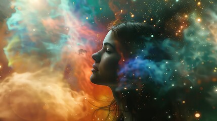 An artistic image of a beautiful girl with double exposure against a backdrop of cosmic waves, in the style of a space nebula, Concept of universal connection and psychic bonds