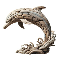 A dolphin sculpture made from pieces of tree branches collected from the seaside isolated PNG