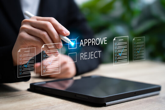 Document approval, checklist, certification, quality control concept, Businesswomen use tallets tick correct mark approval document, Quality management assurance, Pass inspection, accept approved