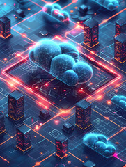 An illustration of a glowing blue cloud with a circuit board pattern hovering over a futuristic cityscape with glowing red and blue lines.
