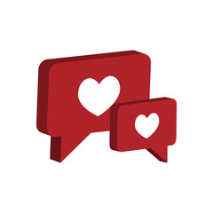 The concept of an online 3D social media platform, online social communication in applications, a mobile phone with a heart and a love emoji icon, likes and a game in red 3D icons. 