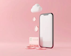 a smartphone with white screen and credit card icon in it, floating cloud and coin on pink background