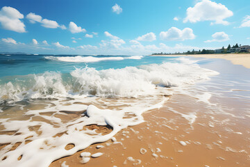 Brown sandy beach. Panoramic view of sandy beach. Blue sea wave hitting sand white bubbles white clouds and bright sky. Aerial photography of sea wave. Ocean and beach. Copy space landscape.	