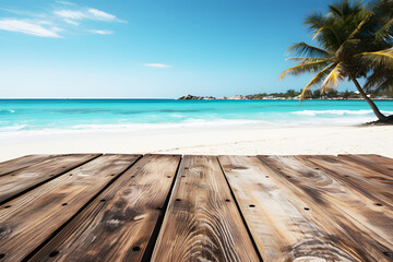 Fototapeta premium Empty brown wooden floor or table. Blue sea and white beach bright and coconut trees and mountains on the side blue sky and sunlight is background. Summer. Realistic clipart template pattern.