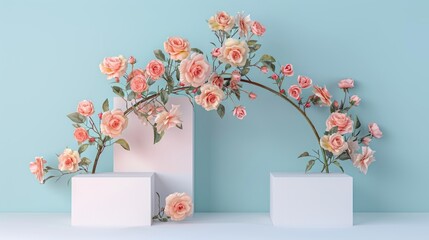 Twilight rose arch over product podium for whimsical product placement in enchanting setting