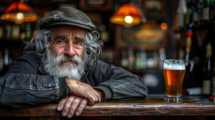 Old homeless, drunk, depressed and stressed out man in a bar