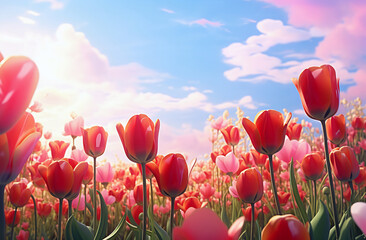 Field of red and pink tulips under blue sky