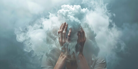 Fibromyalgia Fog: The Cognitive Impairment and Forgetfulness - Visualize a person surrounded by a foggy cloud, holding their head in confusion - obrazy, fototapety, plakaty