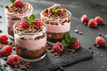 Chocolate mousse or pudding in portion glasses with fresh berries. Chocolate dessert in glasses . ...