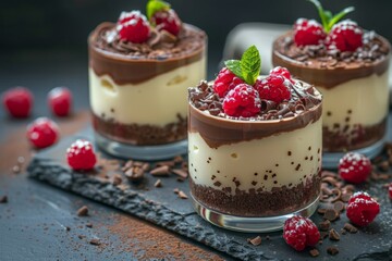 Chocolate mousse or pudding in portion glasses with fresh berries. Chocolate dessert in glasses .  Recipe of festive retro dessert. Restaurant and cafe menu concept, dark background