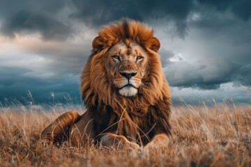 Side view of a Lion walking, looking at the camera, Panthera Leo, A lioness, Panthera leo, sitting on top of a mound, on Savannah, Single lion looking regal standing proudly on a small hill. 	 - obrazy, fototapety, plakaty