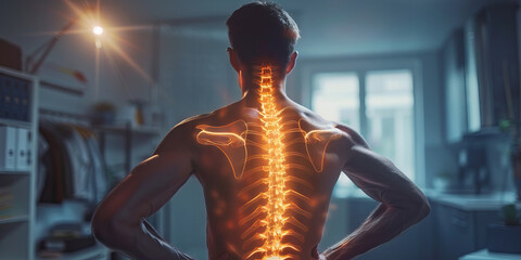 Ankylosing Spondylitis: The Back Stiffness and Pain - Visualize a person struggling to straighten their back, with highlighted spine and pain lines