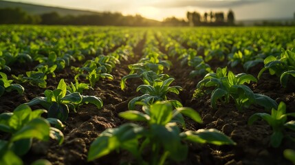 AI-generated illustration of green crops growing in a field at sunset, backlit by the sun