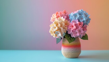 Bouquet of handmade bright crochet hydrangeas in a vase