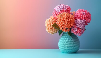 Bouquet of handmade bright crochet hydrangeas in a vase